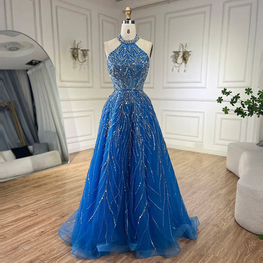 Elegante vestido de noche azul árabe de corte A con cuello halter, de lujo, estilo Dubái, para mujer, para fiesta de boda 2025 LA72302 