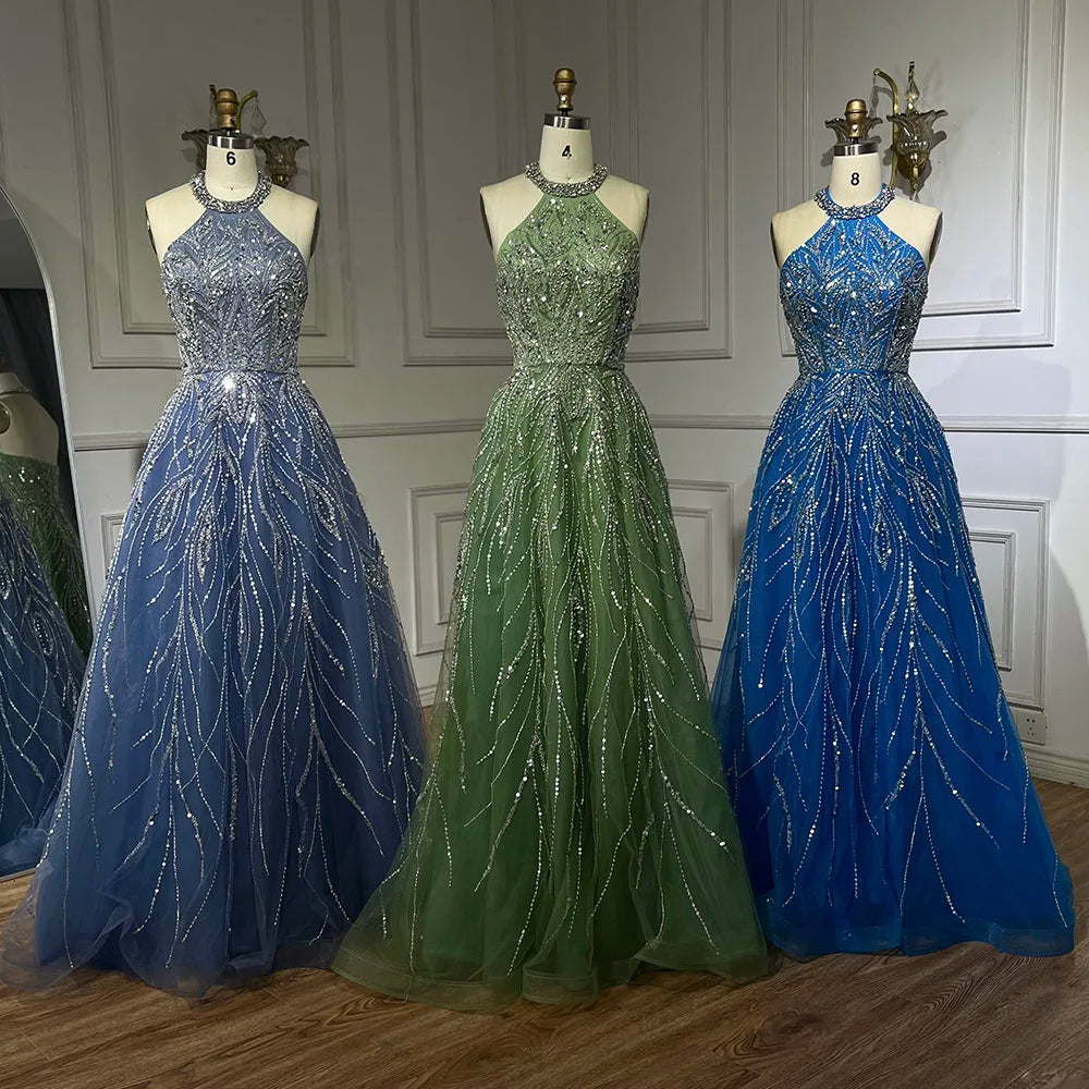 Elegante vestido de noche azul árabe de corte A con cuello halter, de lujo, estilo Dubái, para mujer, para fiesta de boda 2025 LA72302 