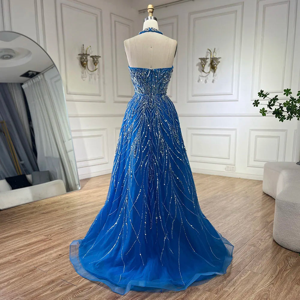Elegante vestido de noche azul árabe de corte A con cuello halter, de lujo, estilo Dubái, para mujer, para fiesta de boda 2025 LA72302 