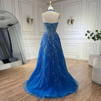 Elegante vestido de noche azul árabe de corte A con cuello halter, de lujo, estilo Dubái, para mujer, para fiesta de boda 2025 LA72302 