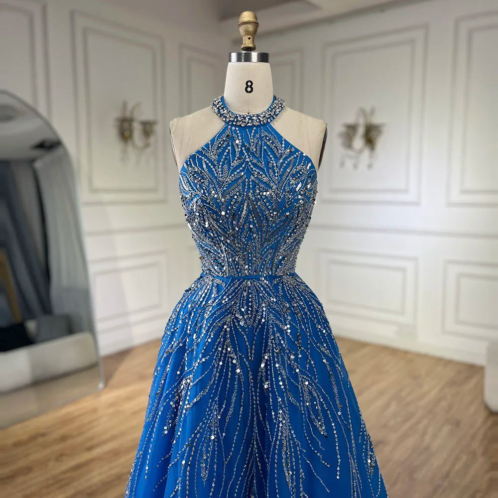Elegante vestido de noche azul árabe de corte A con cuello halter, de lujo, estilo Dubái, para mujer, para fiesta de boda 2025 LA72302 