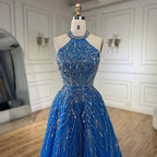 Elegante vestido de noche azul árabe de corte A con cuello halter, de lujo, estilo Dubái, para mujer, para fiesta de boda 2025 LA72302 