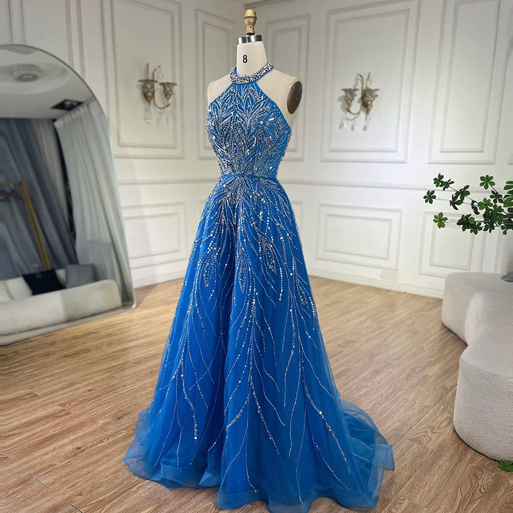 Elegante vestido de noche azul árabe de corte A con cuello halter, de lujo, estilo Dubái, para mujer, para fiesta de boda 2025 LA72302 