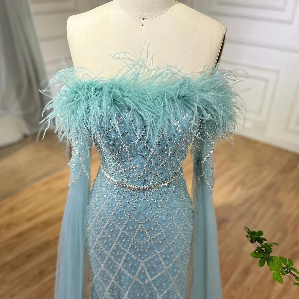 Elegante vestido de noche de sirena con mangas estilo capa, de lujo, con plumas y cuentas, para mujer, para boda, fiesta, LA72169B 