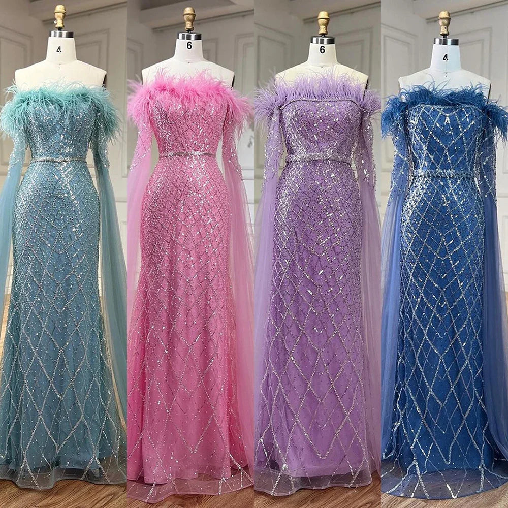 Elegante vestido de noche de sirena con mangas estilo capa, de lujo, con plumas y cuentas, para mujer, para boda, fiesta, LA72169B 