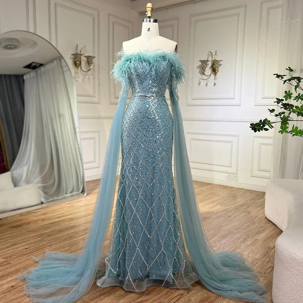 Elegante vestido de noche de sirena con mangas estilo capa, de lujo, con plumas y cuentas, para mujer, para boda, fiesta, LA72169B 