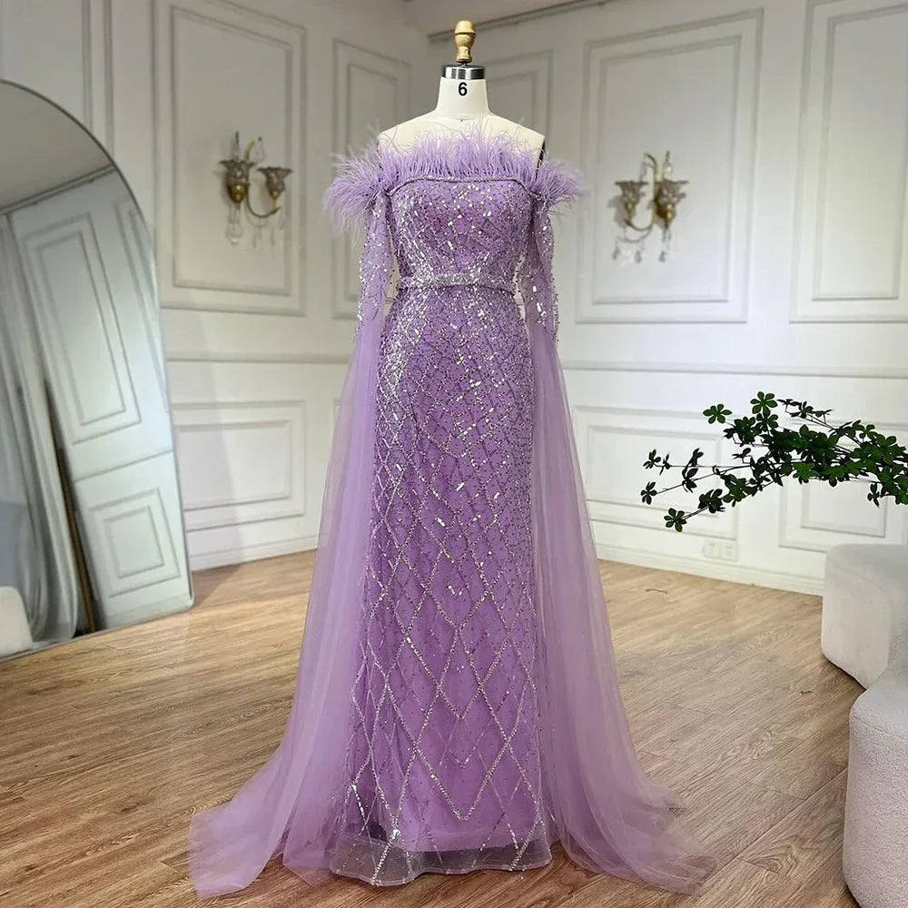 Elegante vestido de noche de sirena con mangas estilo capa, de lujo, con plumas y cuentas, para mujer, para boda, fiesta, LA72169B 