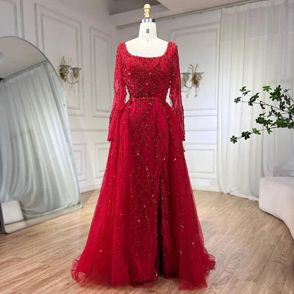 Elegante vestido de noche largo estilo sirena verde dividido con cuentas de lujo estilo Dubái 2025 para mujer, fiesta de bodas LA70765L 