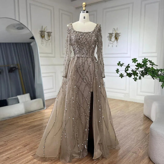 Elegante vestido de noche largo estilo sirena verde dividido con cuentas de lujo estilo Dubái 2025 para mujer, fiesta de bodas LA70765L 