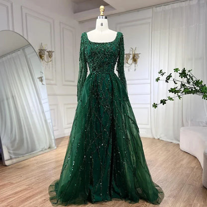 Elegante vestido de noche largo estilo sirena verde dividido con cuentas de lujo estilo Dubái 2025 para mujer, fiesta de bodas LA70765L 