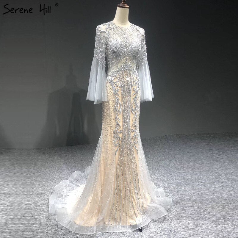 Elegante vestido de noche gris de sirena de lujo, de manga larga, con abalorios, para fiesta, LA70289 