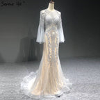 Elegante vestido de noche gris de sirena de lujo, de manga larga, con abalorios, para fiesta, LA70289 