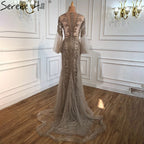 Elegante vestido de noche gris de sirena de lujo, de manga larga, con abalorios, para fiesta, LA70289 