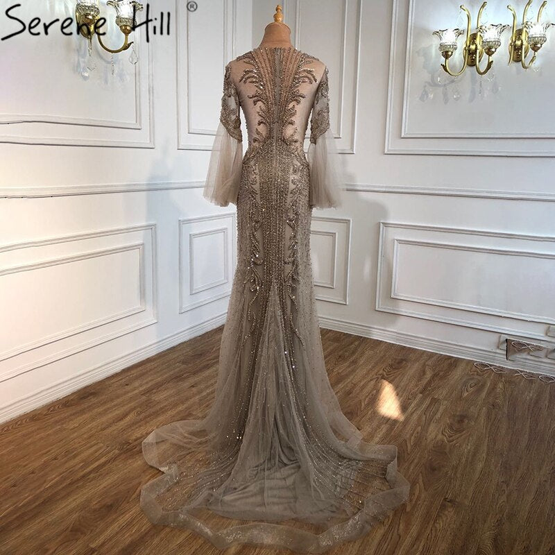 Elegante vestido de noche gris de sirena de lujo, de manga larga, con abalorios, para fiesta, LA70289 