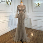 Elegante vestido de noche gris de sirena de lujo, de manga larga, con abalorios, para fiesta, LA70289 