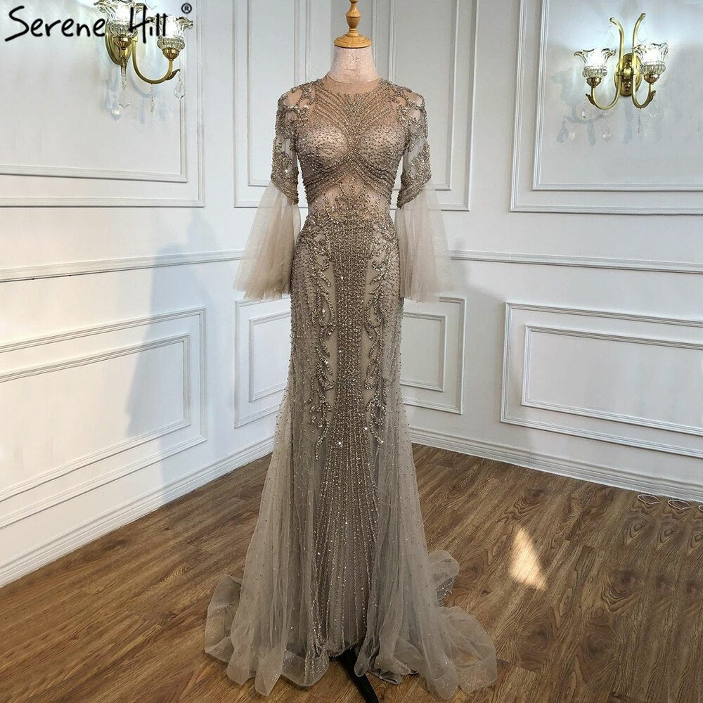 Elegante vestido de noche gris de sirena de lujo, de manga larga, con abalorios, para fiesta, LA70289 