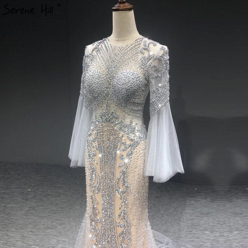Elegante vestido de noche gris de sirena de lujo, de manga larga, con abalorios, para fiesta, LA70289 