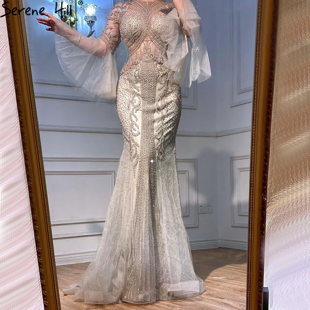 Elegante vestido de noche gris de sirena de lujo, de manga larga, con abalorios, para fiesta, LA70289 