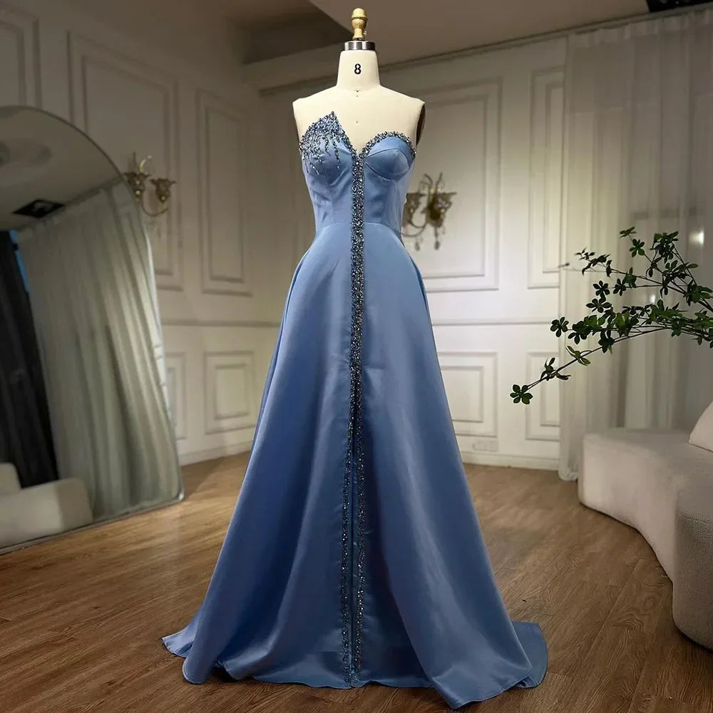 Elegante vestido de noche árabe de satén azul con abertura lateral de cristal de lujo LA71847
