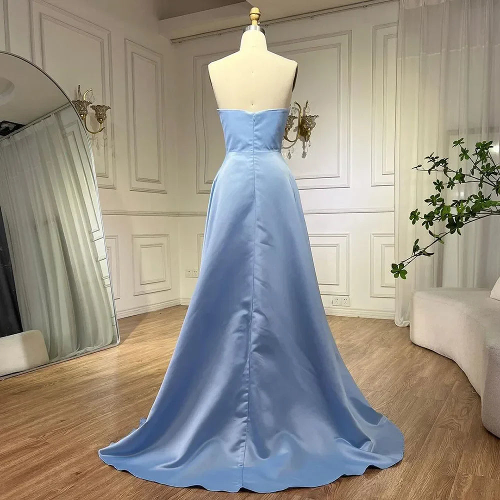 Elegante vestido de noche árabe de satén azul con abertura lateral de cristal de lujo LA71847