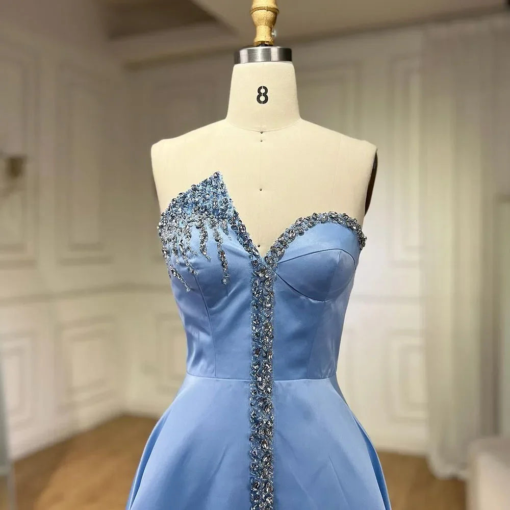 Elegante vestido de noche árabe de satén azul con abertura lateral de cristal de lujo LA71847