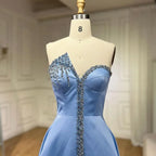 Elegante vestido de noche árabe de satén azul con abertura lateral de cristal de lujo LA71847