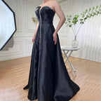 Elegante vestido de noche árabe de satén azul con abertura lateral de cristal de lujo LA71847