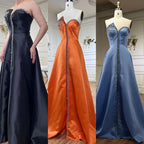 Elegante vestido de noche árabe de satén azul con abertura lateral de cristal de lujo LA71847