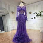 Elegante vestido de noche estilo sirena con plumas moradas y cuentas | Vestido de lujo para boda de mujer 2025 LA72367 