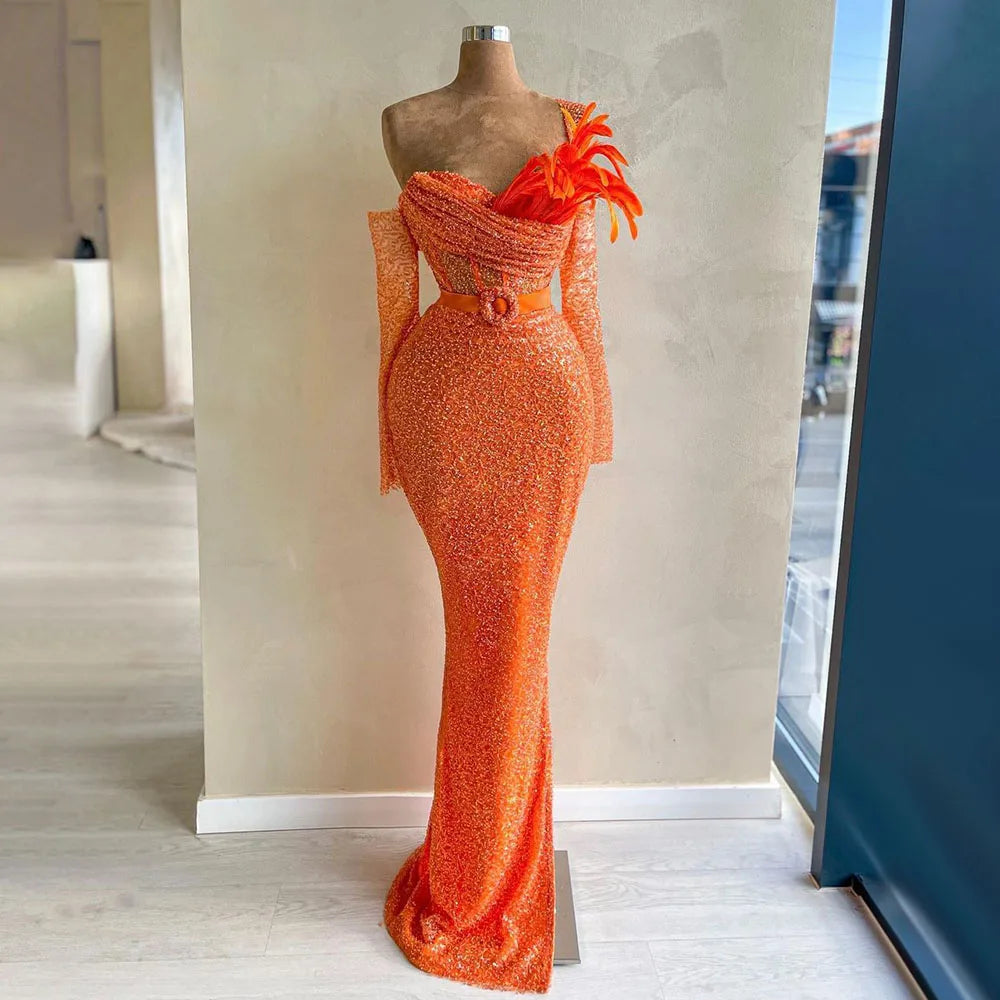 Elegantes orangefarbenes Meerjungfrau-Abendkleid mit Perlen, Luxus-Dubai-Kleider für die Hochzeitsfeier der Frau 2025 LA72319 