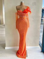 Elegantes orangefarbenes Meerjungfrau-Abendkleid mit Perlen, Luxus-Dubai-Kleider für die Hochzeitsfeier der Frau 2025 LA72319 