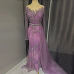 Elegante vestido de noche de sirena morado con falda de cuentas y detalle de cordones para boda femenina 2025 LA72376 