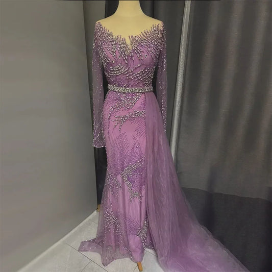 Elegante vestido de noche de sirena morado con falda de cuentas y detalle de cordones para boda femenina 2025 LA72376 