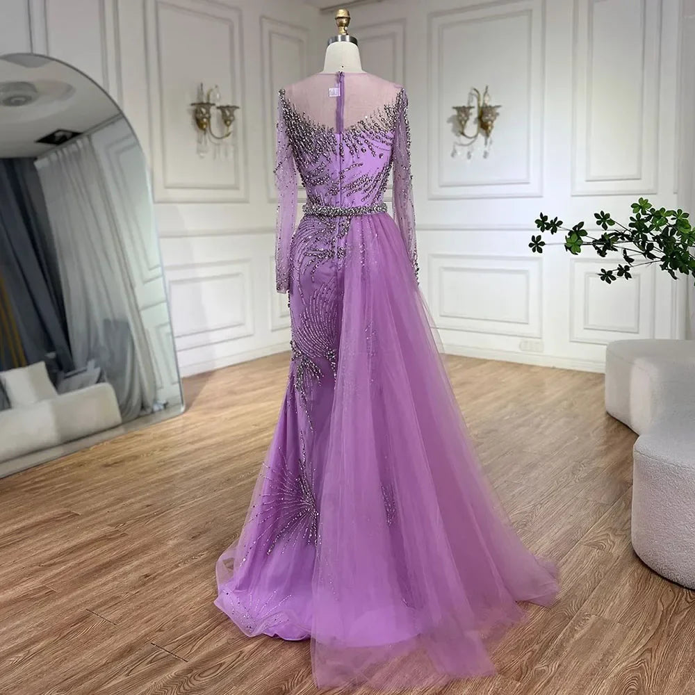 Elegante vestido de noche de sirena morado con falda de cuentas y detalle de cordones para boda femenina 2025 LA72376 