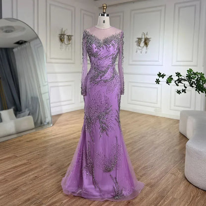 Elegante vestido de noche de sirena morado con falda de cuentas y detalle de cordones para boda femenina 2025 LA72376 