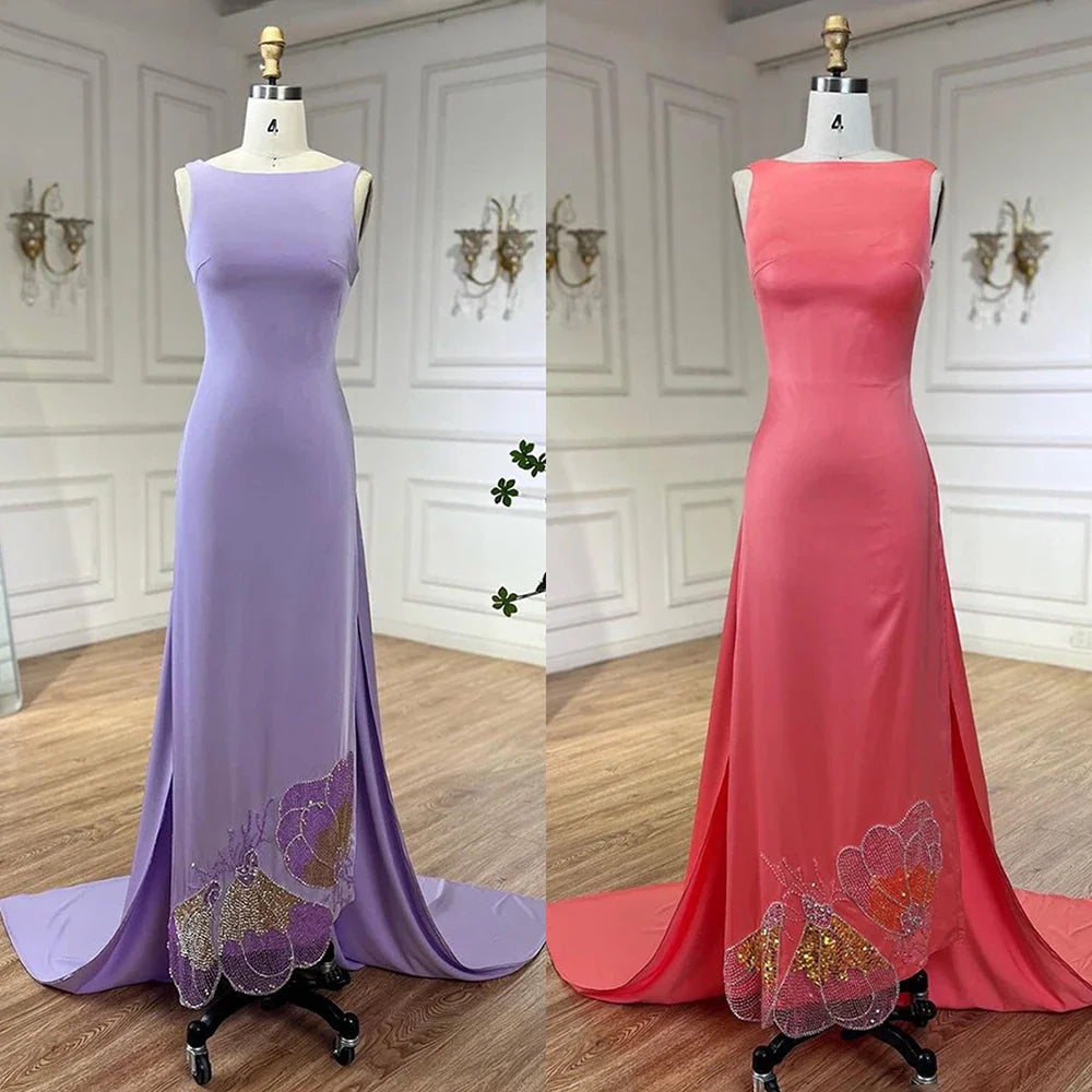 Elegante vestido de noche rosa coral con cuentas y mariposas LA72497