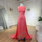 Elegante vestido de noche rosa coral con cuentas y mariposas LA72497