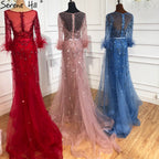 Abendkleid Langes Weinrotes Meerjungfrauenkleid Perlenfedern Mit Umhang Partykleid Damen Party LA70827 