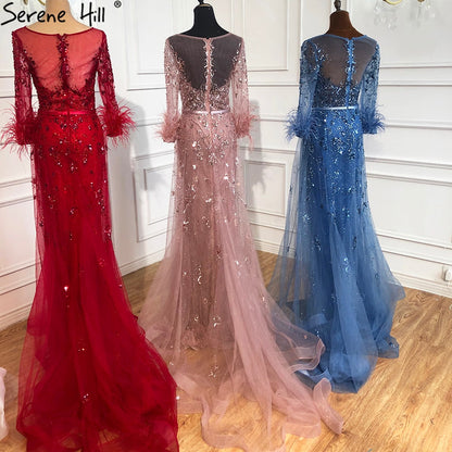 Vestido de noche largo color vino tinto, estilo sirena, con plumas y cuentas, con capa, para mujer, fiesta LA70827 