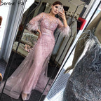 Abendkleid Langes Weinrotes Meerjungfrauenkleid Perlenfedern Mit Umhang Partykleid Damen Party LA70827 