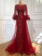 Abendkleid Langes Weinrotes Meerjungfrauenkleid Perlenfedern Mit Umhang Partykleid Damen Party LA70827 