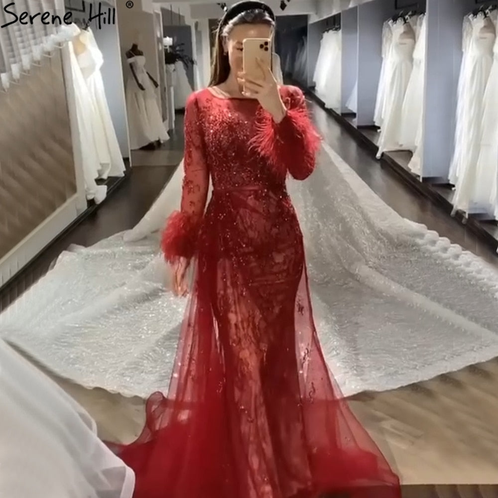 Abendkleid Langes Weinrotes Meerjungfrauenkleid Perlenfedern Mit Umhang Partykleid Damen Party LA70827 