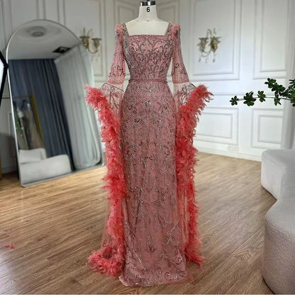 Vestidos de noche de lujo con mangas acampanadas, corte sirena, turquesa, con cuentas y plumas, para ocasiones formales 2025 LA72767 