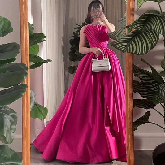 Vestidos de noche fucsia de corte A estilo Dubái, 2025, con cuentas, de lujo, sexys, sin tirantes, para mujer, para fiesta de boda LA72210