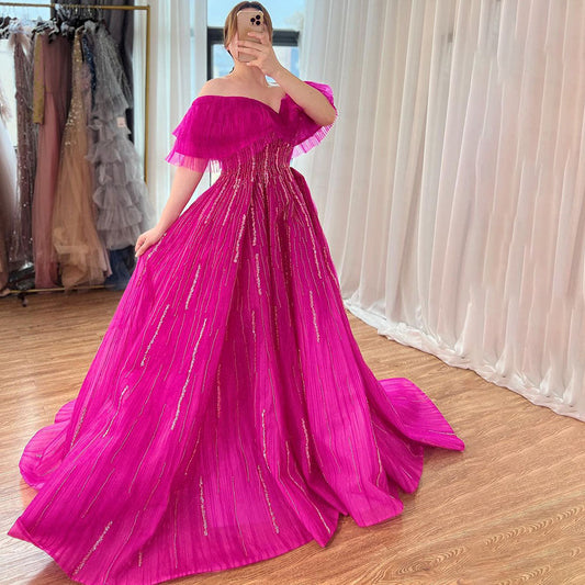 Vestidos de noche de lujo fucsia de corte A, cuello barco, con cuentas, para mujer, fiesta, LA72162A 