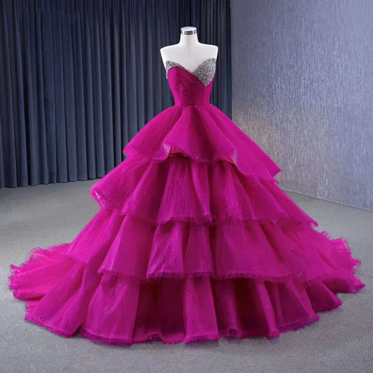 Vestido de novia de lujo fucsia con falda desmontable, encaje y perlas, 2025, alta gama, hecho a medida, HM231068 