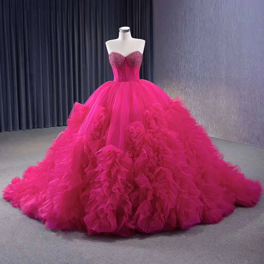 Vestido de novia elegante fucsia con escote barco, encaje, perlas y cuentas, de lujo, 2025, alta gama, hecho a medida, HM231108 