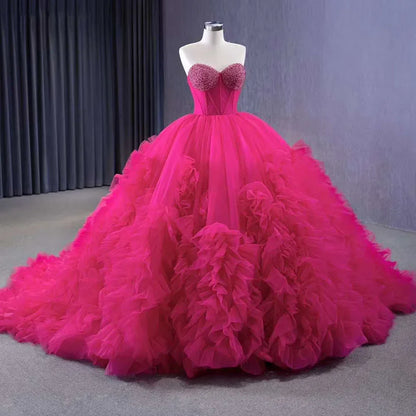 Vestido de novia elegante fucsia con escote barco, encaje, perlas y cuentas, de lujo, 2025, alta gama, hecho a medida, HM231108 