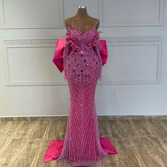 Elegante vestido de noche fucsia con cuentas y perlas estilo sirena, 2025, vestidos formales de lujo de Dubái para mujer, fiesta 2025, LA72263 