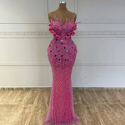 Elegante vestido de noche fucsia con cuentas y perlas estilo sirena, 2025, vestidos formales de lujo de Dubái para mujer, fiesta 2025, LA72263 